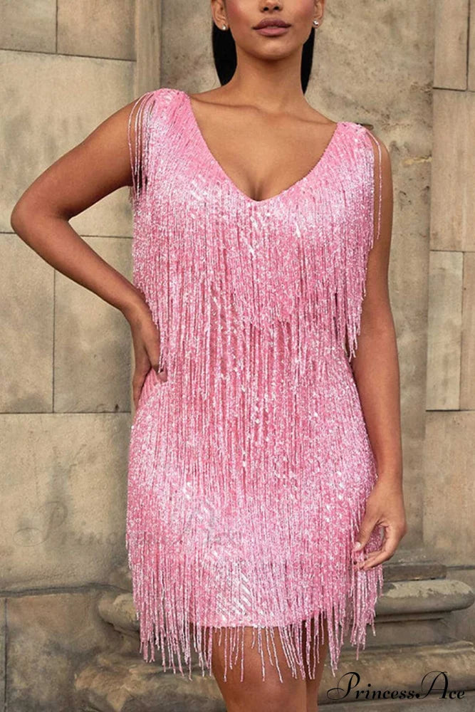 Sequins Tassel Tank Dress Pink / M Mini Dresses