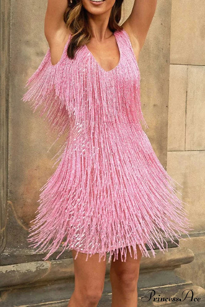 Sequins Tassel Tank Dress Pink / S Mini Dresses