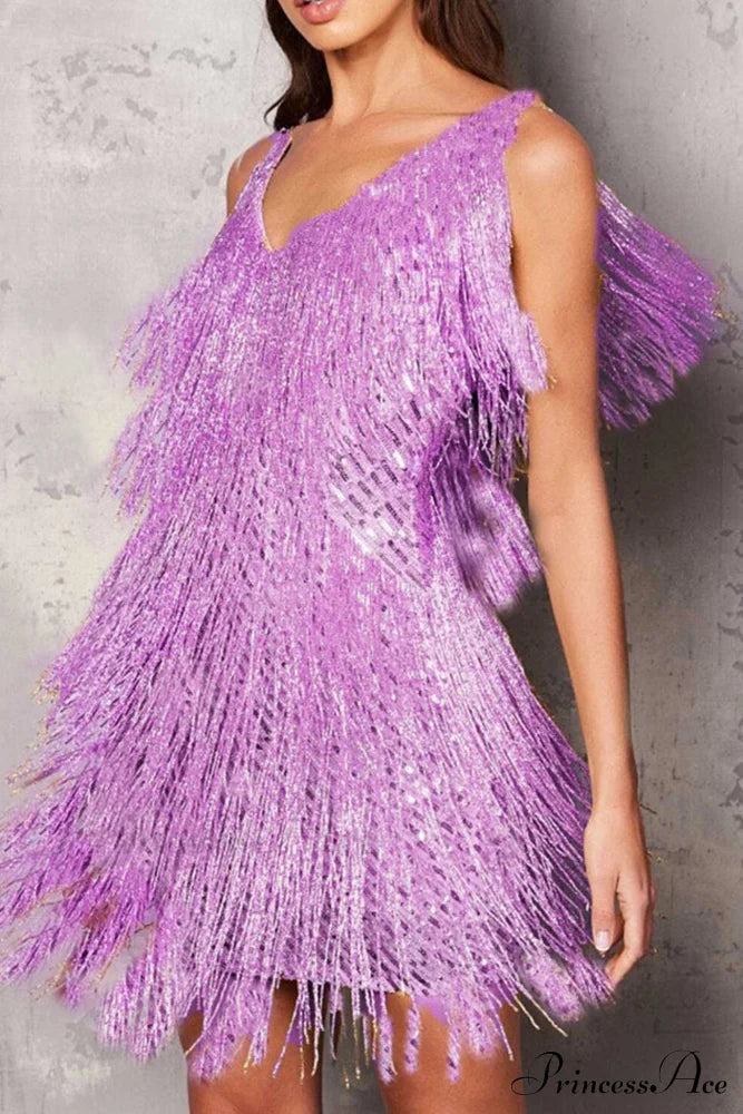 Sequins Tassel Tank Dress Purple / S Mini Dresses