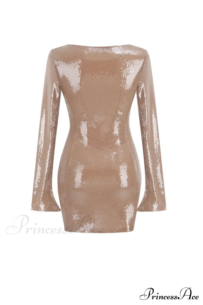 Sequins V Neck Flares Sleeve Pack Hip Dress Camel / S Mini Dresses