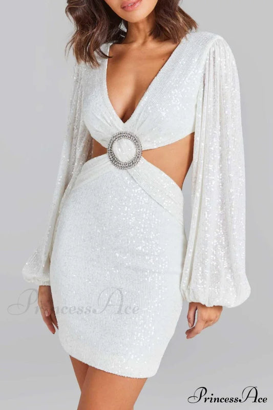 Sequins V Neck Mini Dress With Cutout White / M Dresses