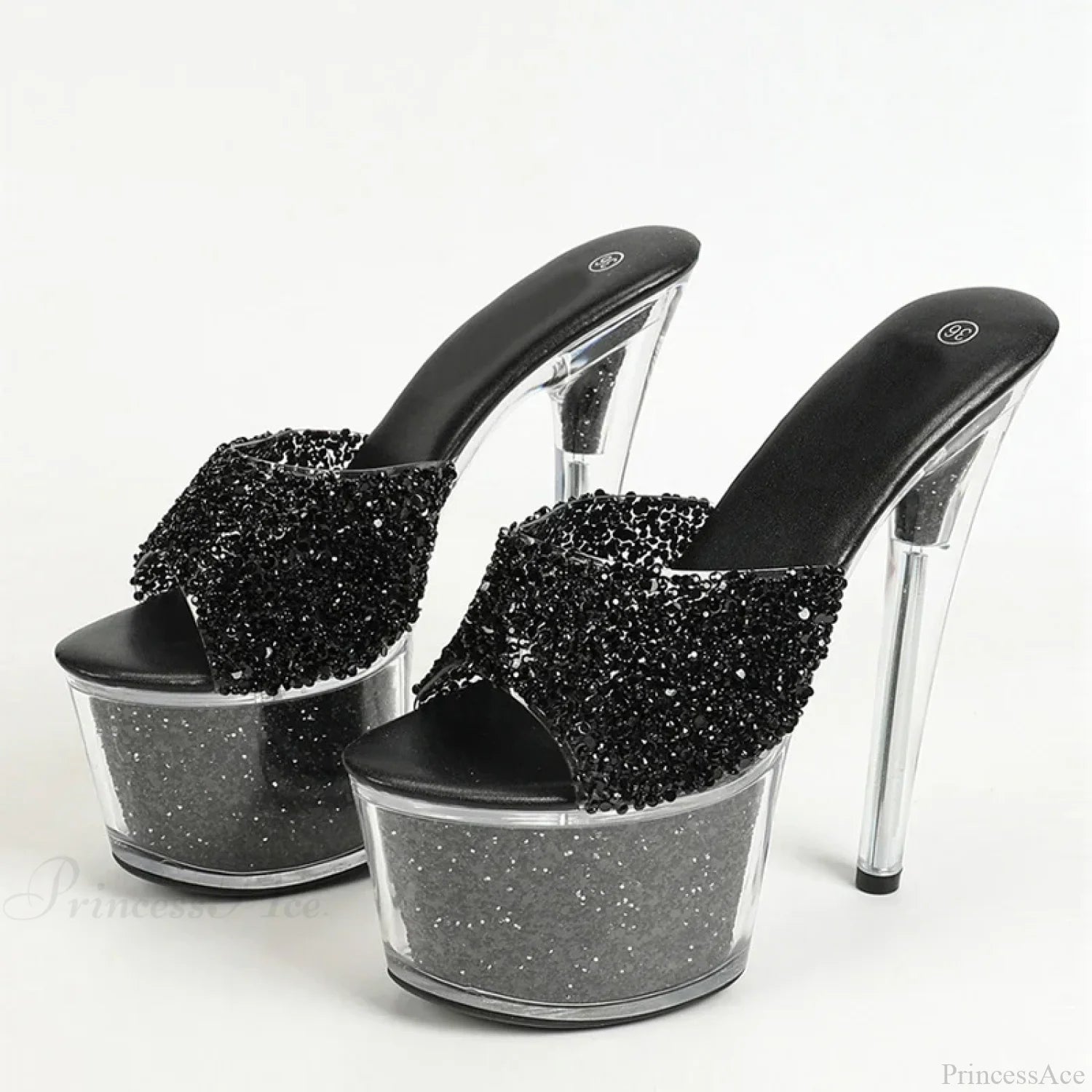 Sexy 20Cm Platform Sequined Transparent Summer Open-Toe Slippers High Heel Black / 34