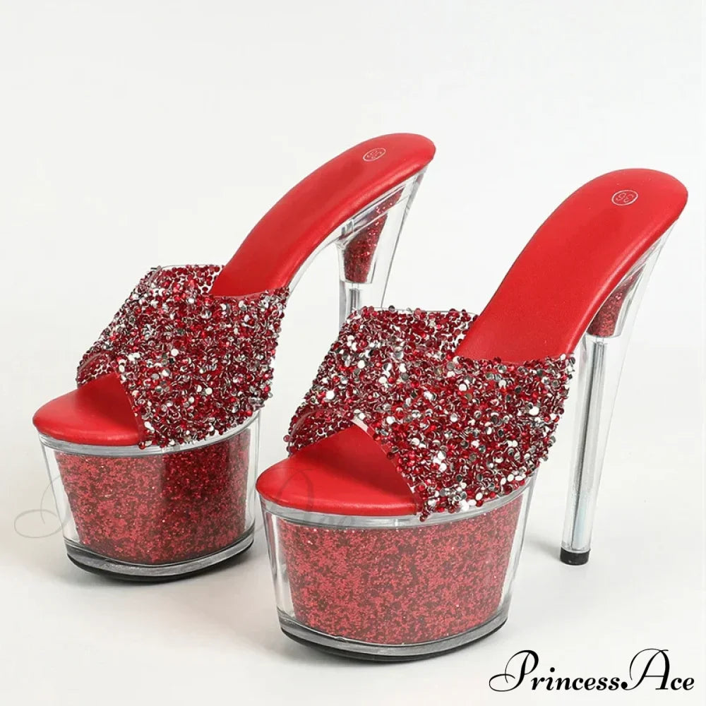 Sexy 20Cm Platform Sequined Transparent Summer Open-Toe Slippers High Heel Red / 34