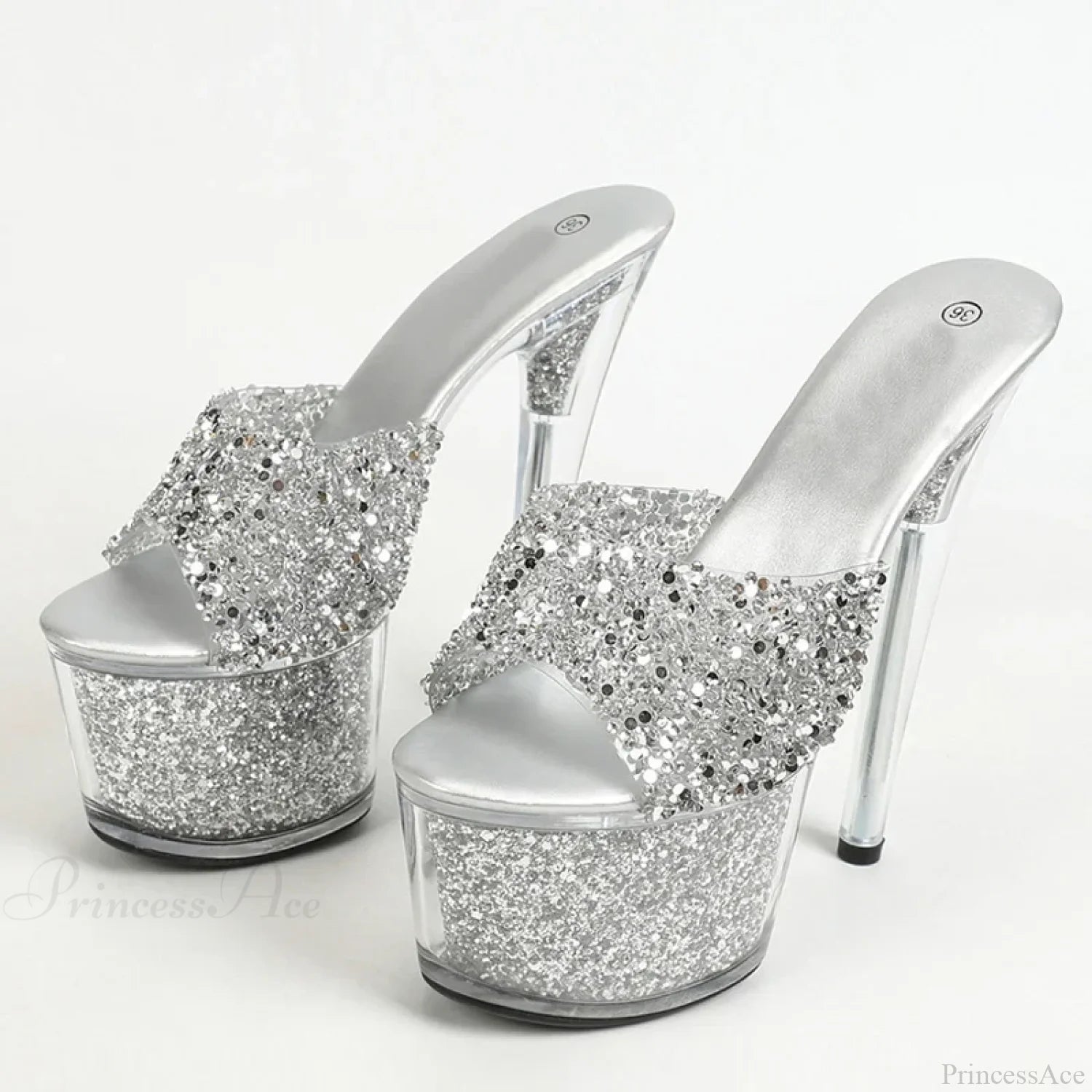 Sexy 20Cm Platform Sequined Transparent Summer Open-Toe Slippers High Heel Silver / 34