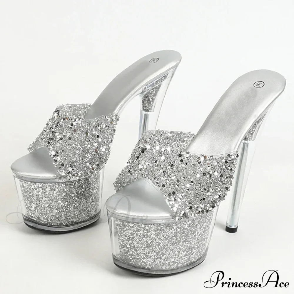 Sexy 20Cm Platform Sequined Transparent Summer Open-Toe Slippers High Heel Silver / 34