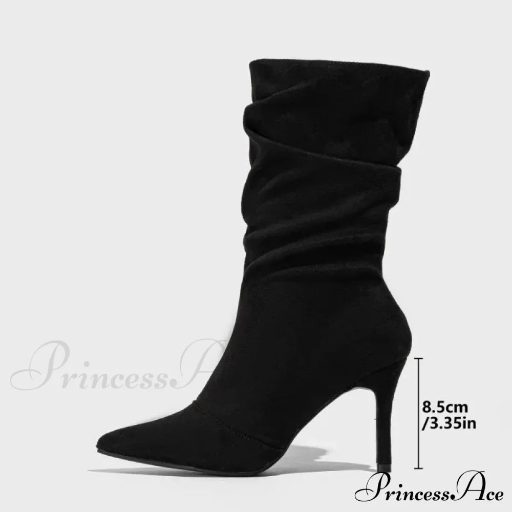 Sexy 8.5Cm Thin High Heels Faux Suede Pointed Designer Pleated Mid-Calf Ladies Boots Heel