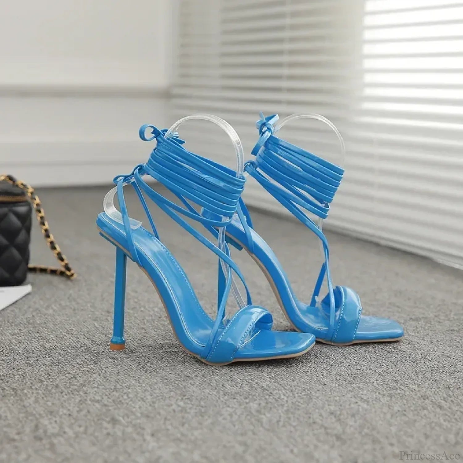 Sexy Ankle Band Cross Candy Colored High Heel Sandals Square Head Peep Toe Party Wedding Blue / 35