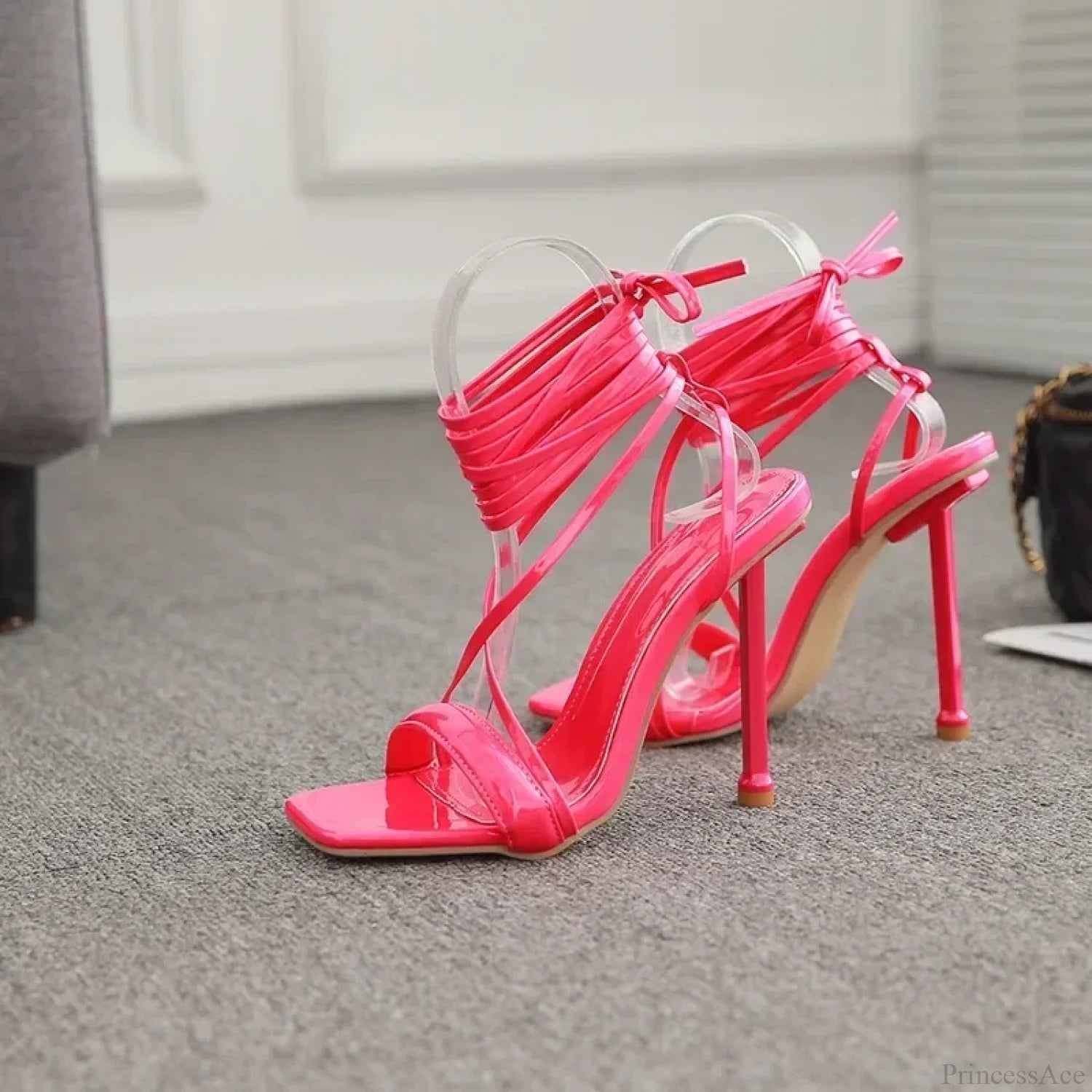 Sexy Ankle Band Cross Candy Colored High Heel Sandals Square Head Peep Toe Party Wedding Red / 35