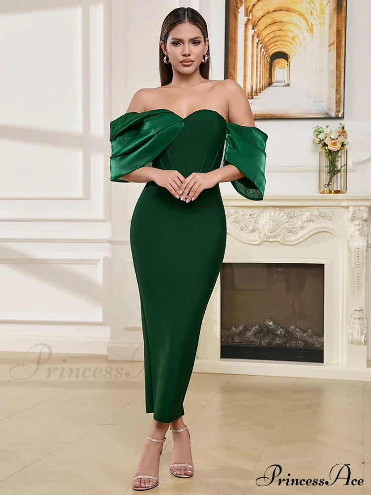 Sexy Asymmetric Sleeves Off Shoulder Bandage Green Slash Neck Christmas Party Dress Dresses-L