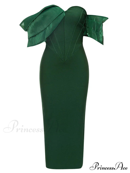 Sexy Asymmetric Sleeves Off Shoulder Bandage Green Slash Neck Christmas Party Dress / Xs Dresses-L