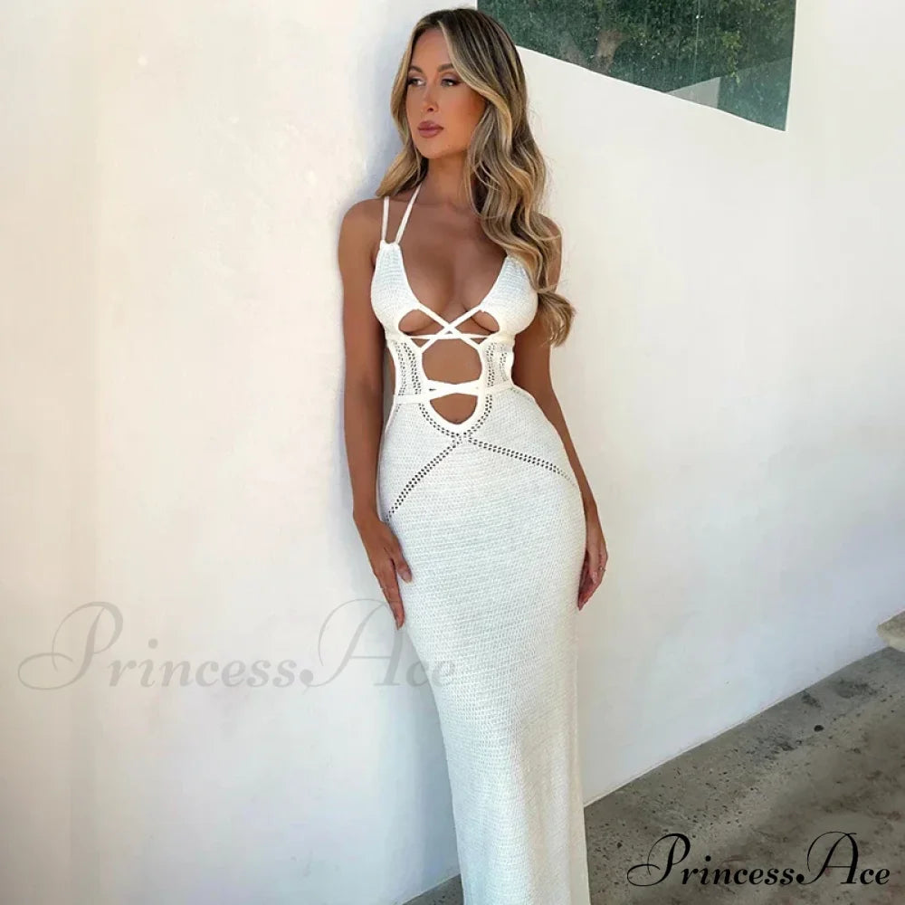 Sexy Backless Bandage White Maxi Dress