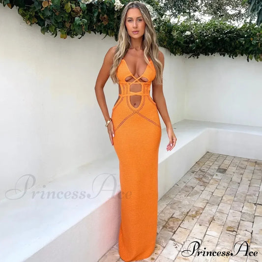 Sexy Backless Bandage White Maxi Dress Orange / S