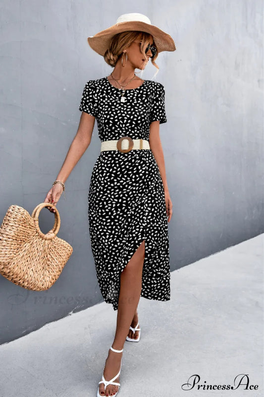 Sexy Backless Gravel Split Dress With Round Neck S / Black