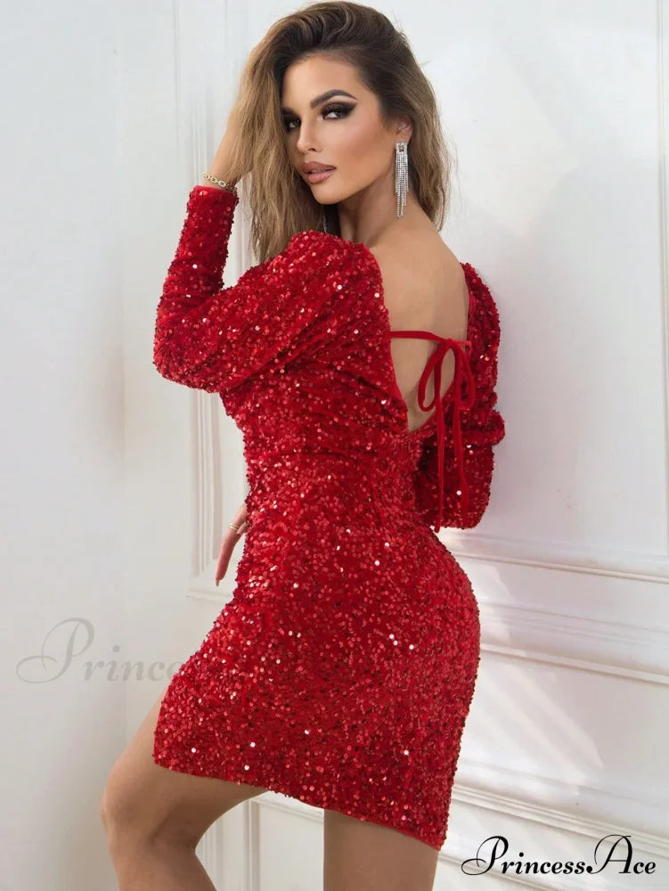 Sexy Backless Mini Summer Sequin Dress Women Luxury Red Christmas Party Dresses-L