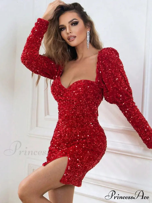 Sexy Backless Mini Summer Sequin Dress Women Luxury Red Christmas Party / S Dresses-L