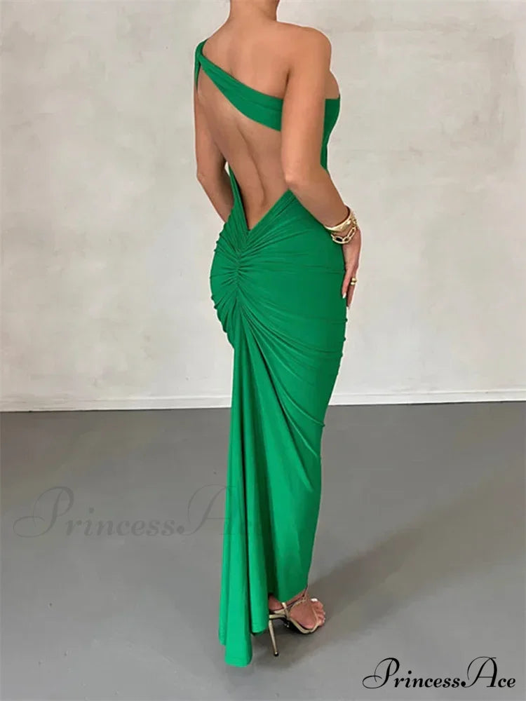 Sexy Backless Ruched Women Sleeveless Single Strap Off Shoulder Bodycon Party Club Female Vestidos