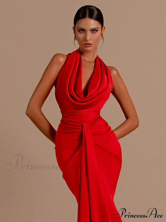 Sexy Backless Sleeveless Halter V-Neck Red Draped Maxi Bodycon Elegant Christmas Party Dress