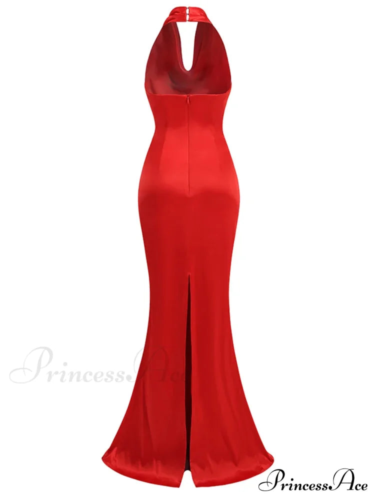 Sexy Backless Sleeveless Halter V-Neck Red Draped Maxi Bodycon Elegant Christmas Party Dress