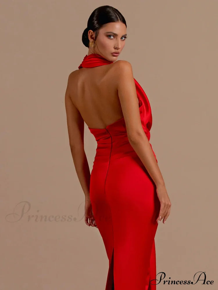 Sexy Backless Sleeveless Halter V-Neck Red Draped Maxi Bodycon Elegant Christmas Party Dress