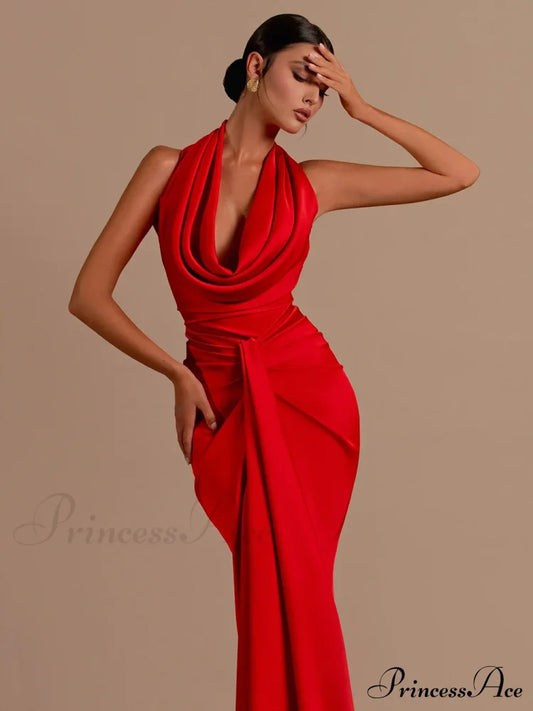 Sexy Backless Sleeveless Halter V-Neck Red Draped Maxi Bodycon Elegant Christmas Party Dress