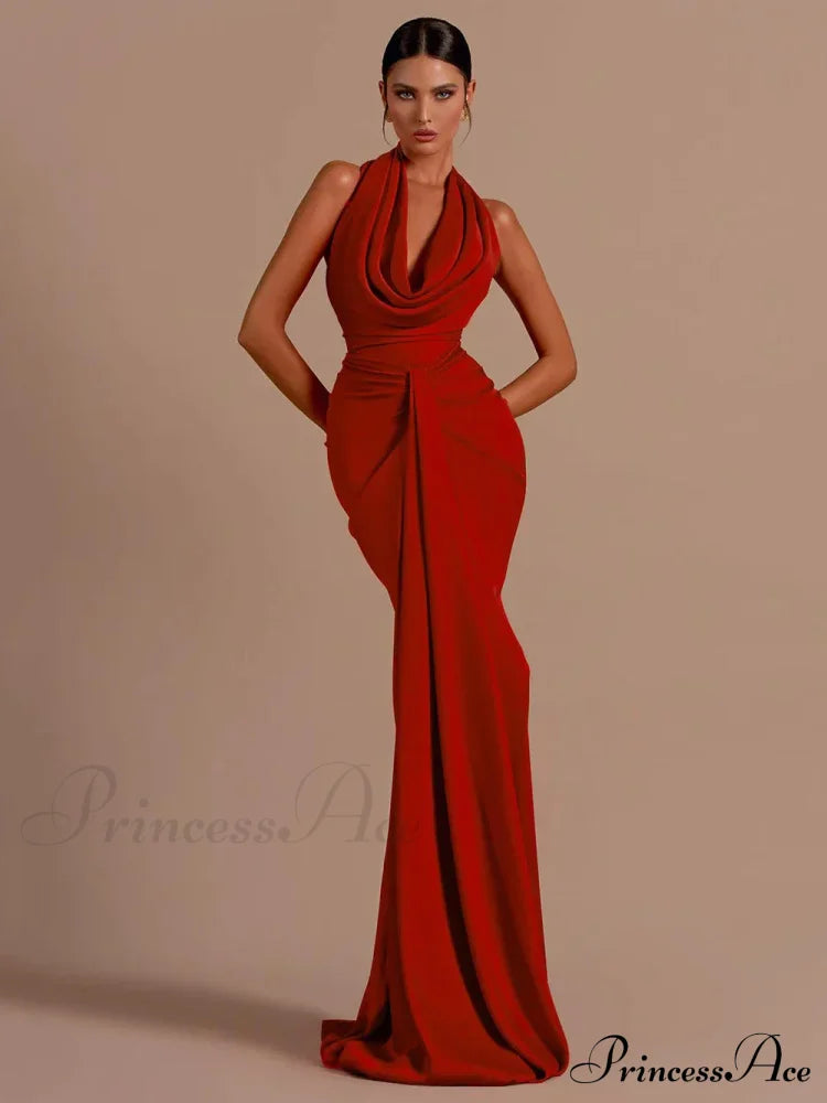 Sexy Backless Sleeveless Halter V-Neck Red Draped Maxi Bodycon Elegant Christmas Party Dress