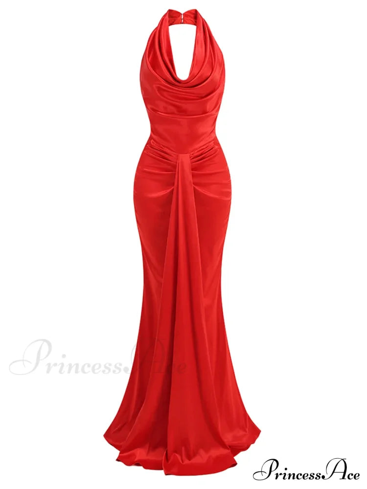 Sexy Backless Sleeveless Halter V-Neck Red Draped Maxi Bodycon Elegant Christmas Party Dress / S