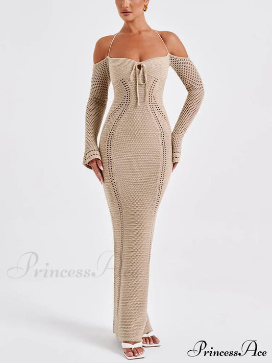 Sexy Backless Suspender Slim Graceful Hollow Long Sleeve Dress Apricot / S Dresses