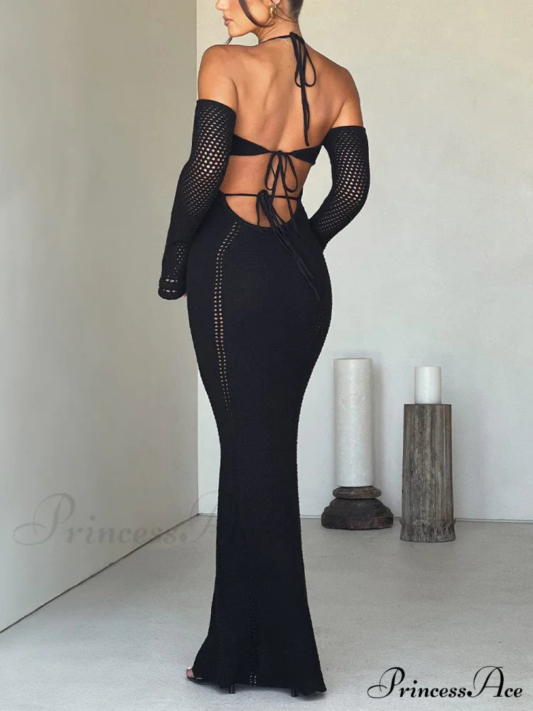 Sexy Backless Suspender Slim Graceful Hollow Long Sleeve Dress Dresses