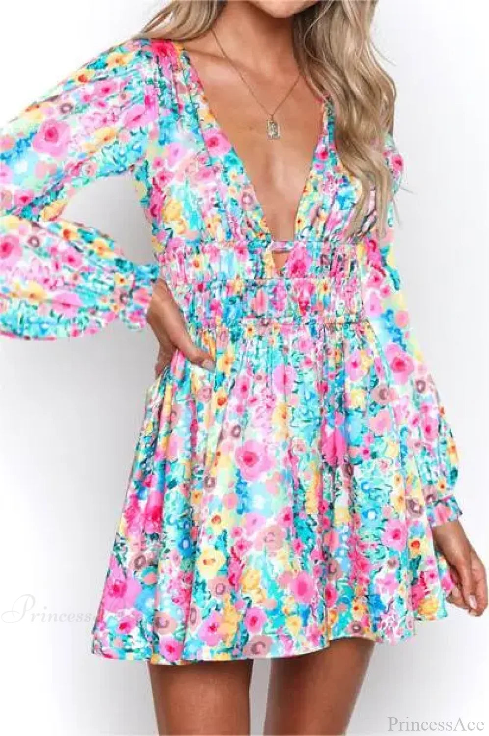 Sexy Backless V-neck Flower Print Mini Floral Dress COLORFUL / S floraldress-250126