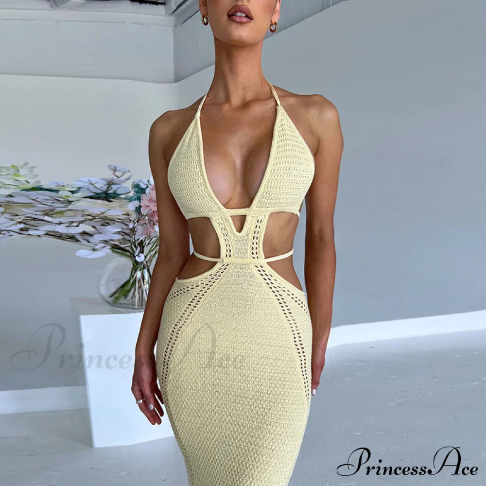 Sexy Backless Wrap Charming Chest Midi Dress Yellow / S Dresses