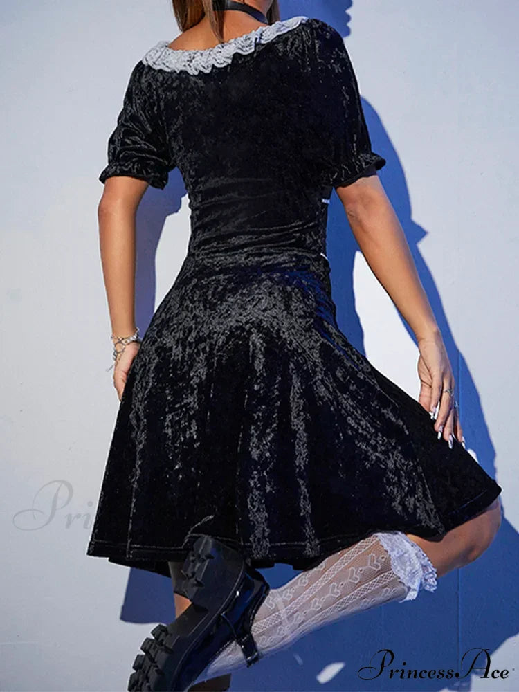 Sexy Black Harajuku Party Corset A-Line Velvet Summer Fashion Emo Chic Elegant High Waist Dress