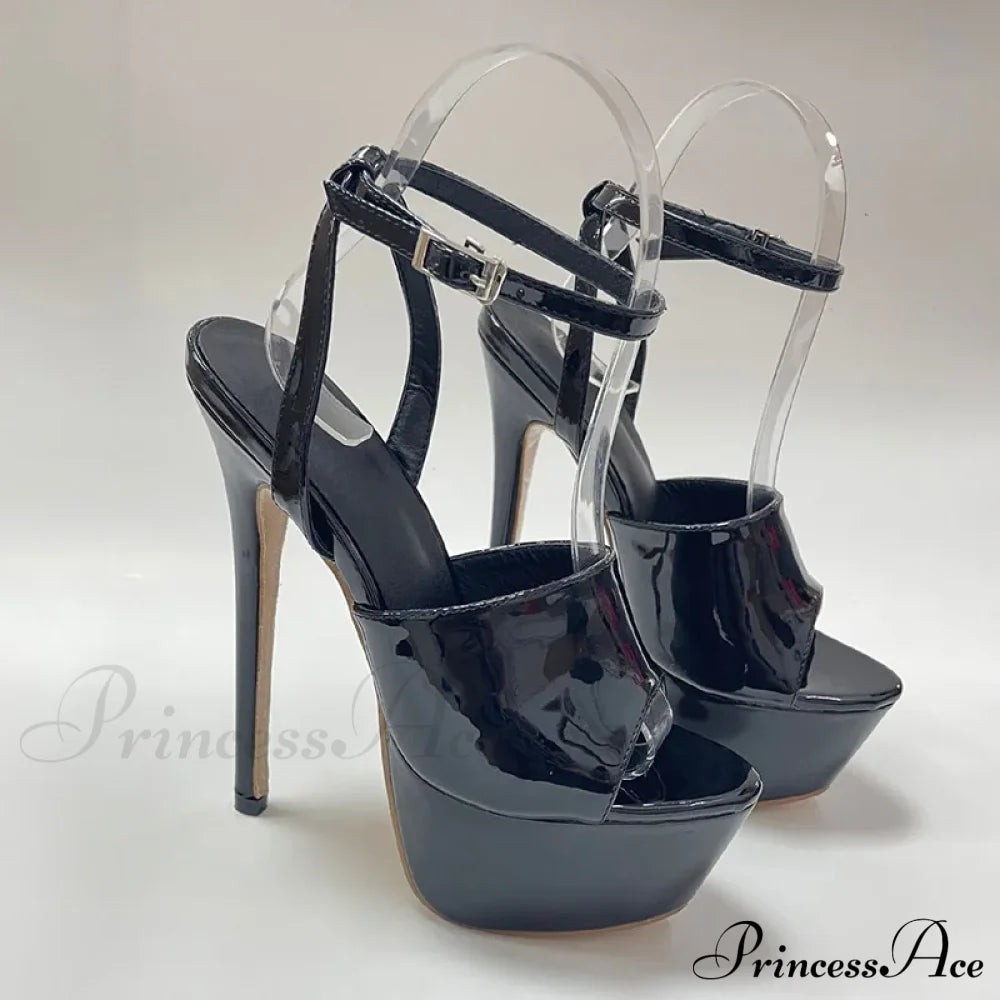 Sexy Black Platform Open Toe Thin Patent Leatherbuckle Strap Stripper Party High Heel