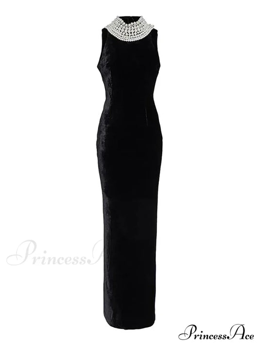 Sexy Black Velvet Halter Neck Pearl Chain Long Dress Maxi Christmas Party / Xs Dresses-L