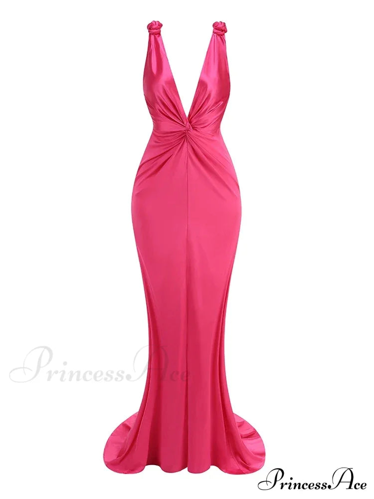 Sexy Braid Sling Deep V Neck Pleated Maxi Dress Women Christmas Party Pink 1 / Xs Dresses-L