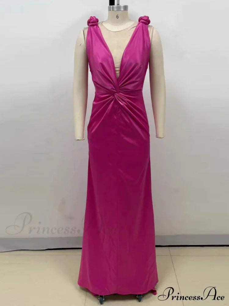 Sexy Braid Sling Deep V Neck Pleated Maxi Dress Women Christmas Party Pink / Xs Dresses-L