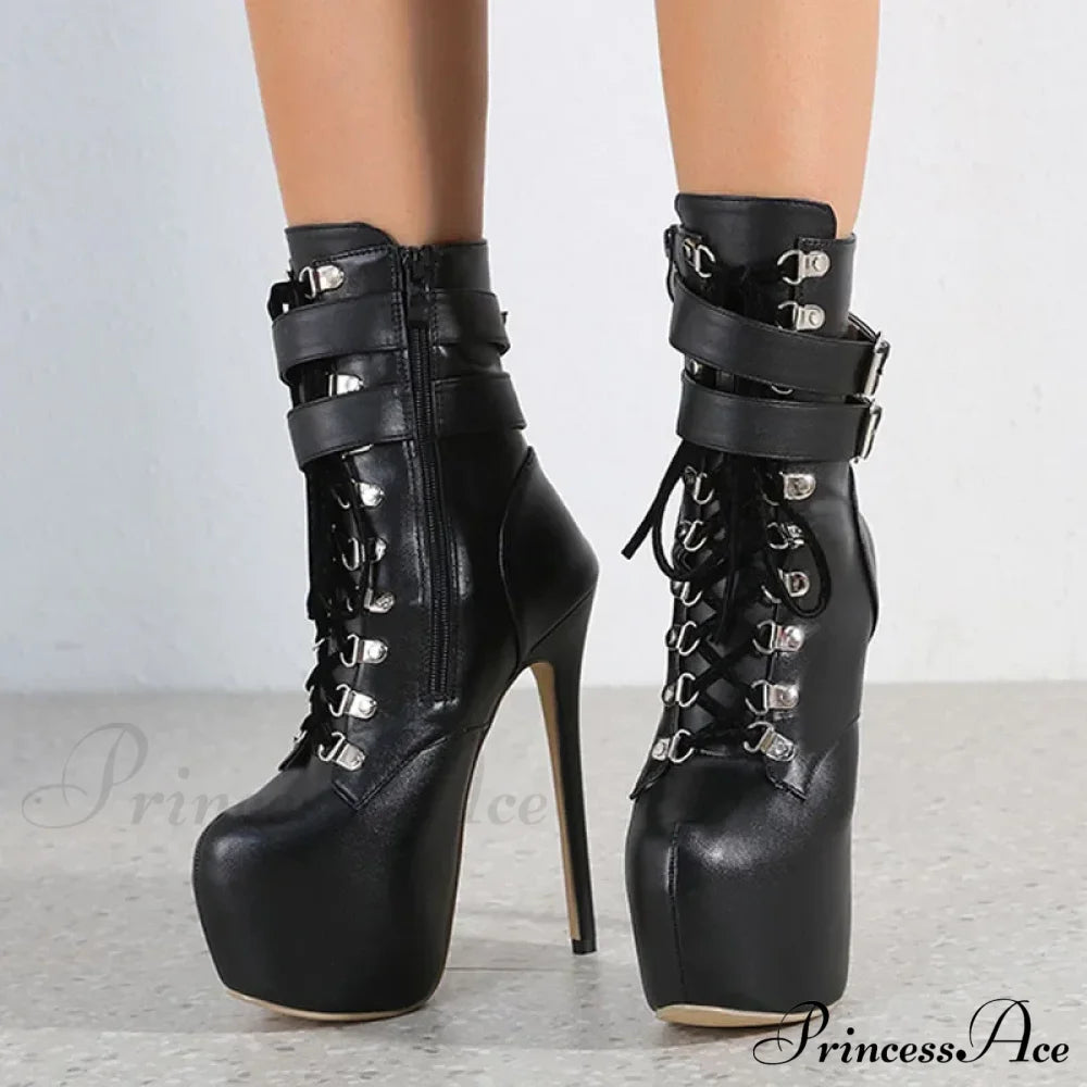 Sexy Buckle-Strap 16.5Cm Extreme High-Heels Platform Boots Round-Toe Lace-Up Party Club Stripper