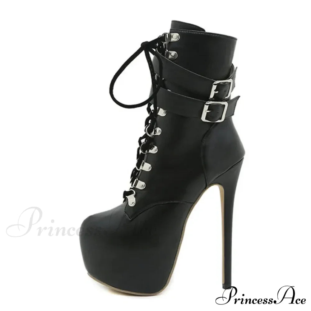 Sexy Buckle-Strap 16.5Cm Extreme High-Heels Platform Boots Round-Toe Lace-Up Party Club Stripper