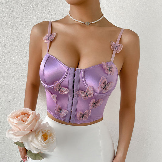 Butterfly Applique Hook and Eye Classic Silky Satin Corset Top - Champagne