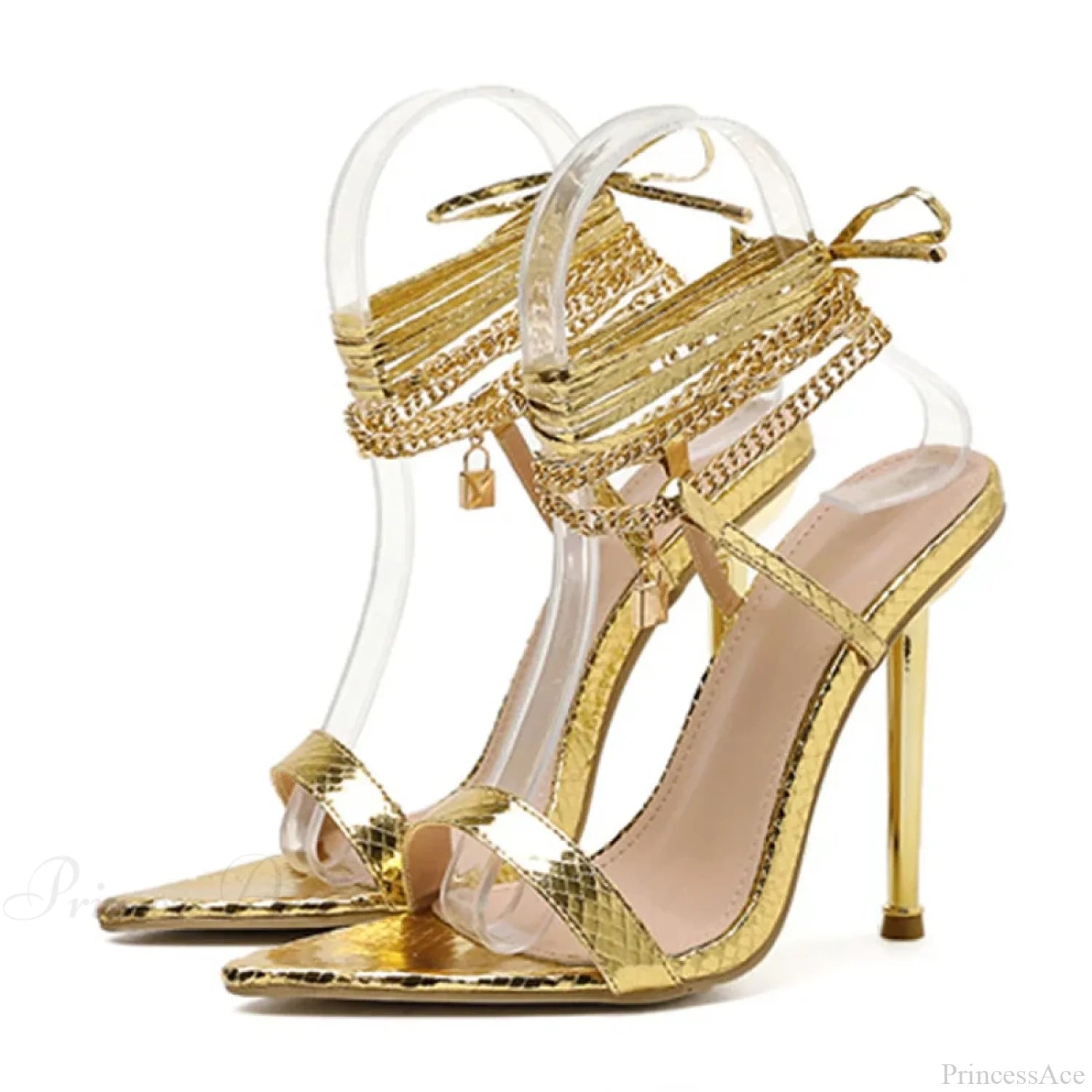 Sexy Chain Ankle-Strap Gold Pointed-Toe 12Cm New Summer Female Party High Heel
