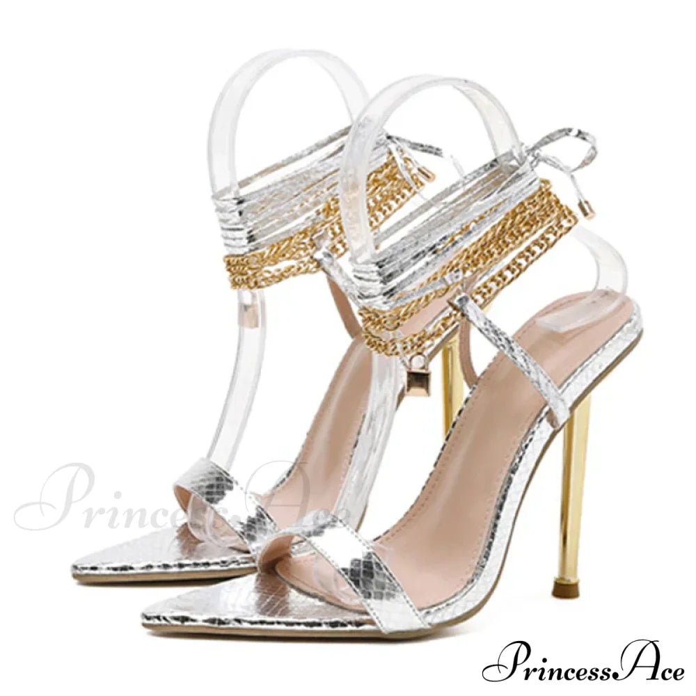 Sexy Chain Ankle-Strap Gold Pointed-Toe 12Cm New Summer Female Party High Heel