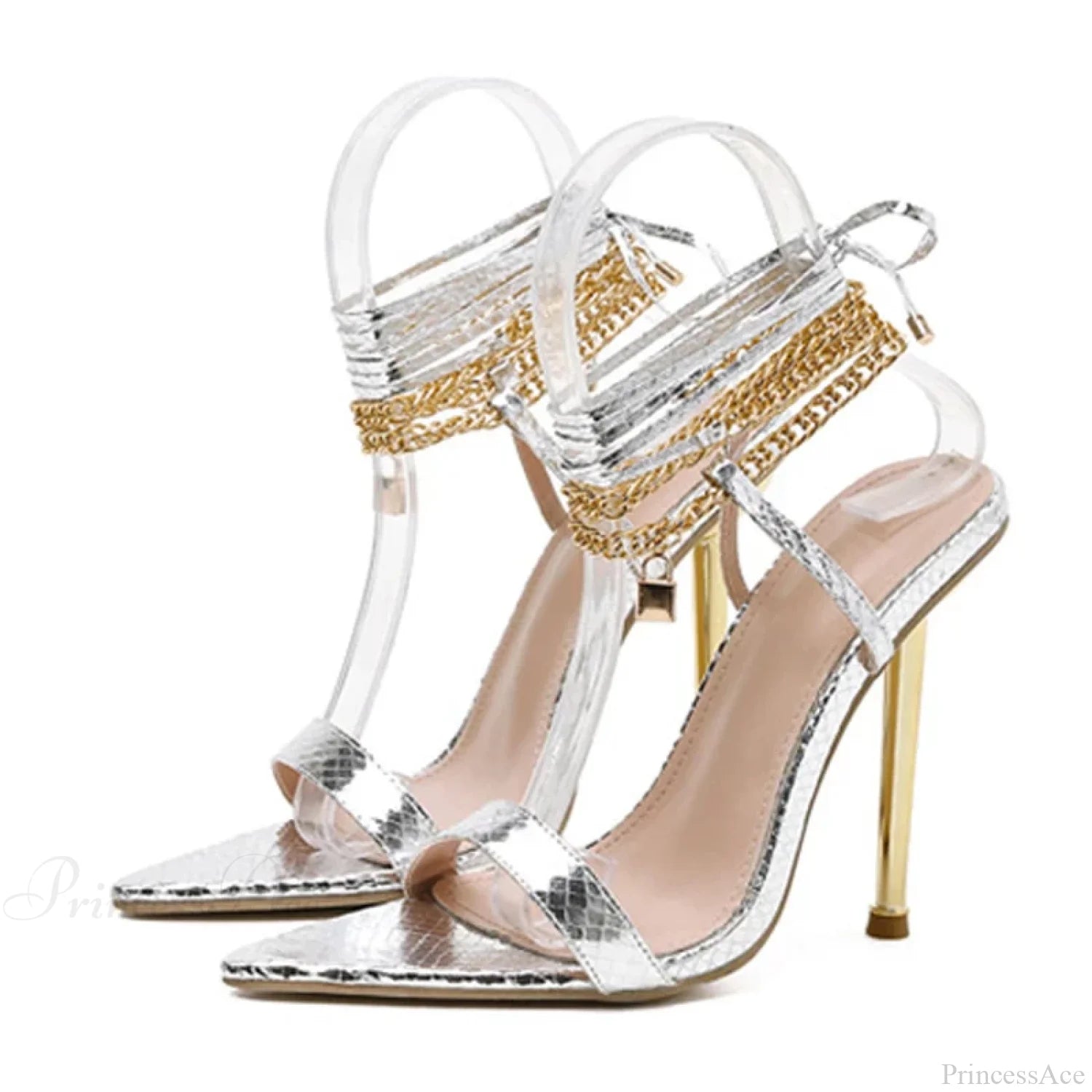 Sexy Chain Ankle-Strap Gold Pointed-Toe 12Cm New Summer Female Party High Heel Silver / 35
