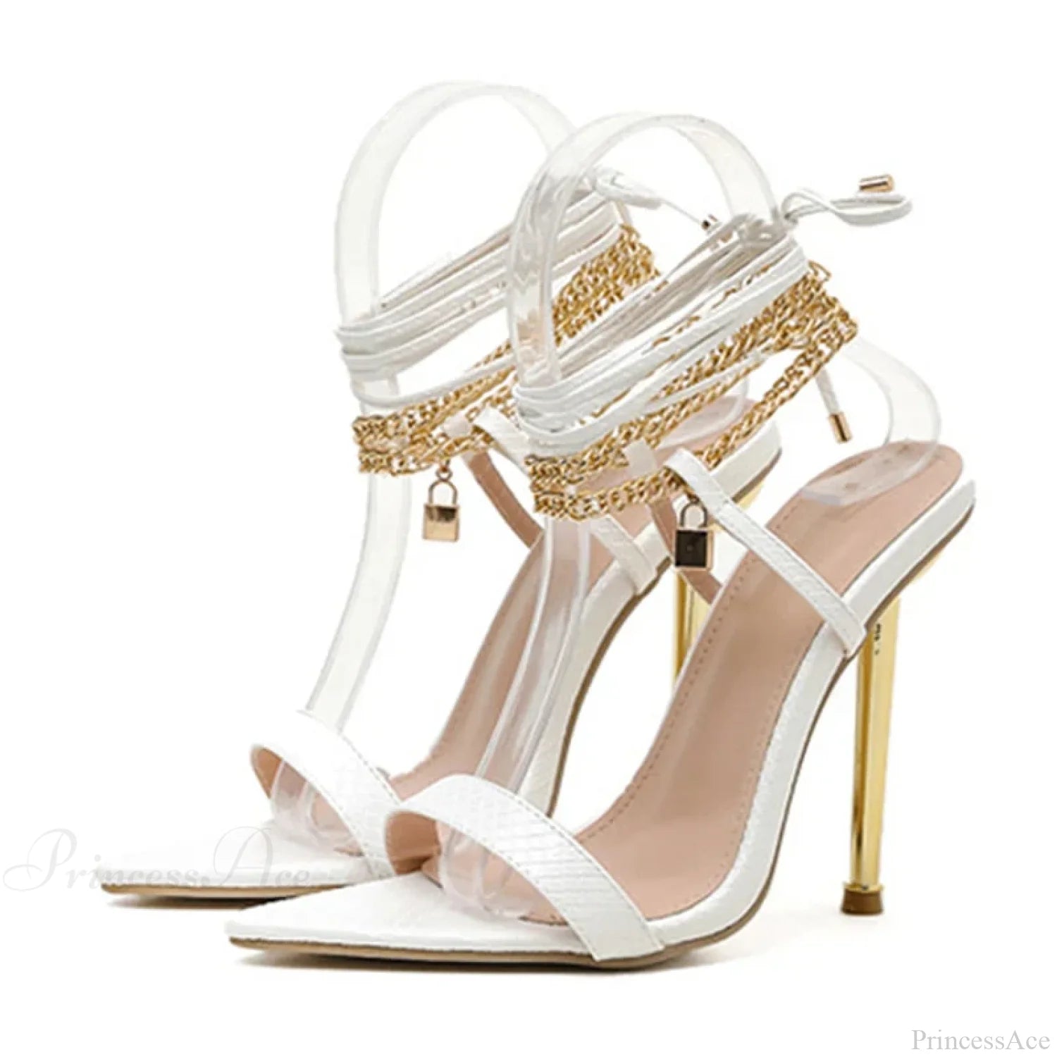 Sexy Chain Ankle-Strap Gold Pointed-Toe 12Cm New Summer Female Party High Heel White / 35