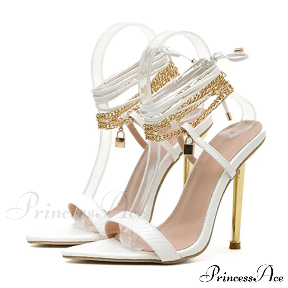 Sexy Chain Ankle-Strap Gold Pointed-Toe 12Cm New Summer Female Party High Heel White / 35