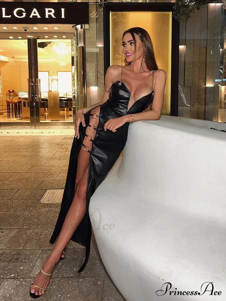 Sexy Chain Spaghetti Strap Pu Leather Maxi Black Sleeveless Christmas Party Dress Dresses-L