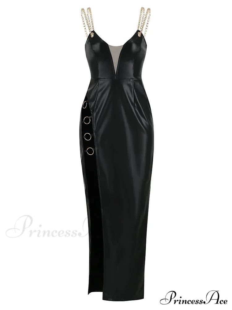 Sexy Chain Spaghetti Strap Pu Leather Maxi Black Sleeveless Christmas Party Dress / S Dresses-L