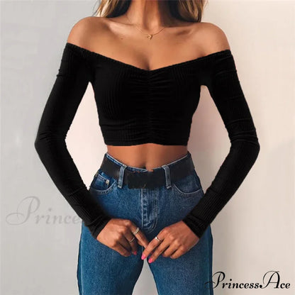 Sexy Club Fashion Off Shoulder Solid Color Autumn Crop Top