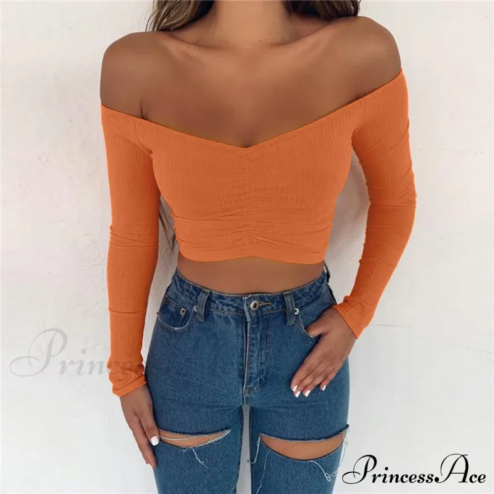 Sexy Club Fashion Off Shoulder Solid Color Autumn Crop Top