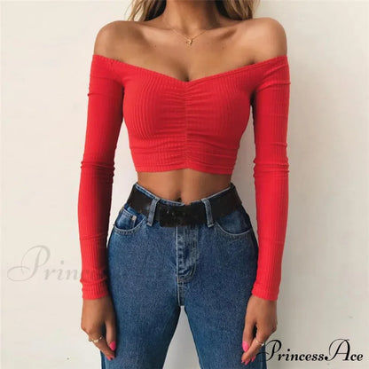 Sexy Club Fashion Off Shoulder Solid Color Autumn Crop Top