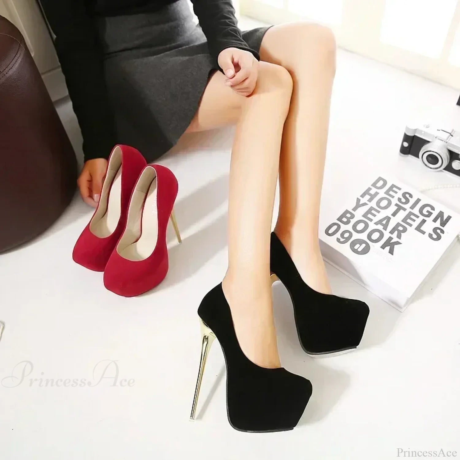 Sexy Club Suede Black High Heels 16Cm Stiletto Waterproof Stripper Flock Pumps Ladies Shoes Plus