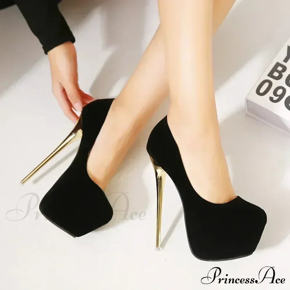 Sexy Club Suede Black High Heels 16Cm Stiletto Waterproof Stripper Flock Pumps Ladies Shoes Plus